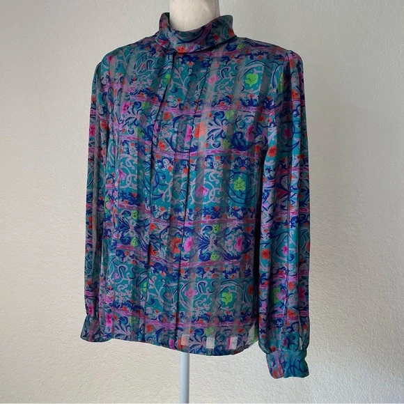 NICOLA AMAZING VINTAGE FLORAL MOCK NECK BUTTON DOWN BALOON SLEEVE BLOUSE TOP - Picture 3 of 16